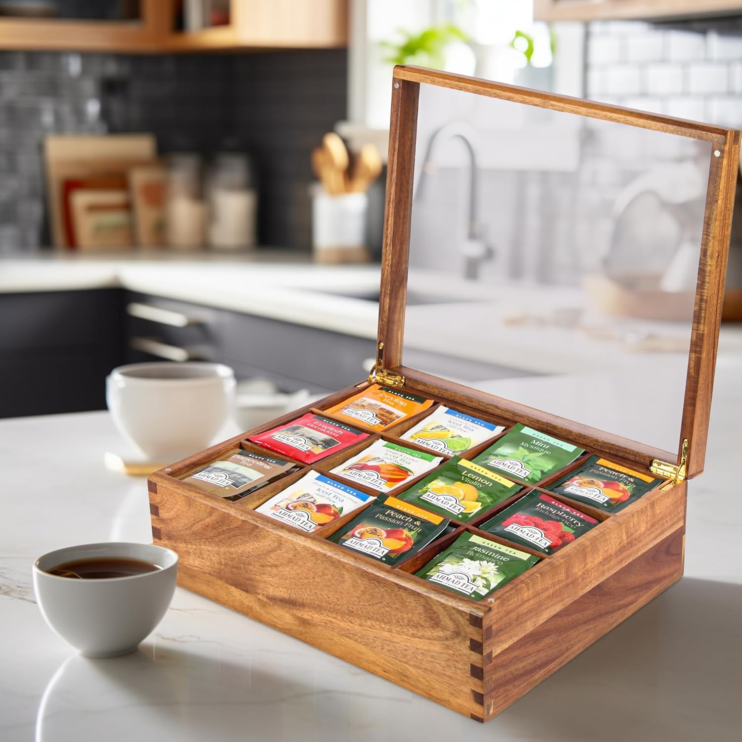 Eco-friendly acacia tea organizer for tea bag collection