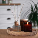 Natural wood platter used as candle holder plate