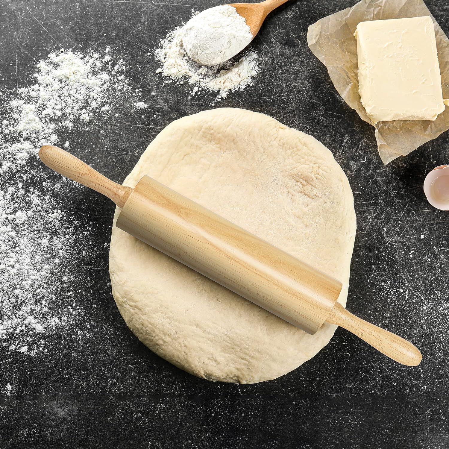 Norevo 17-inch wooden rolling pin with handles on counter