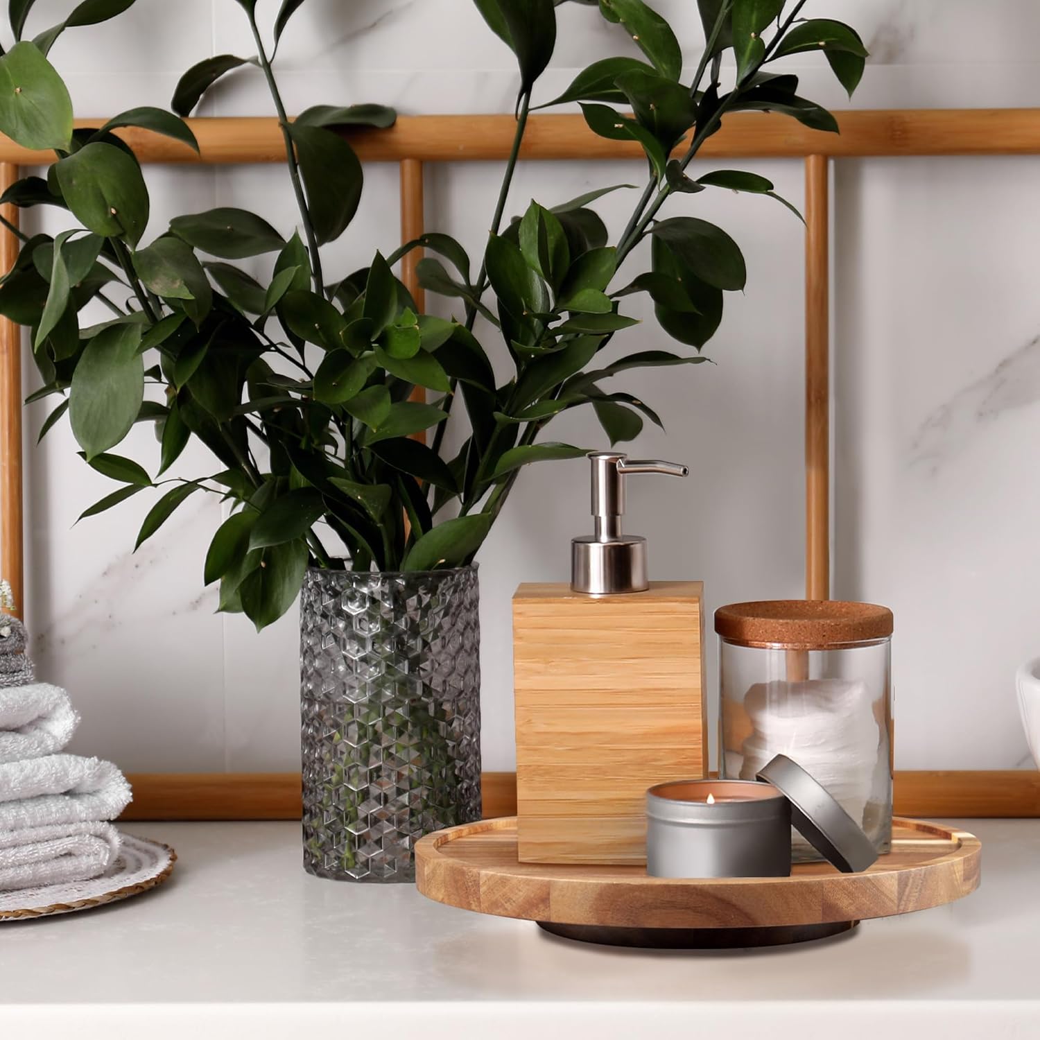 Norevo acacia wood lazy Susan organizer on kitchen counter