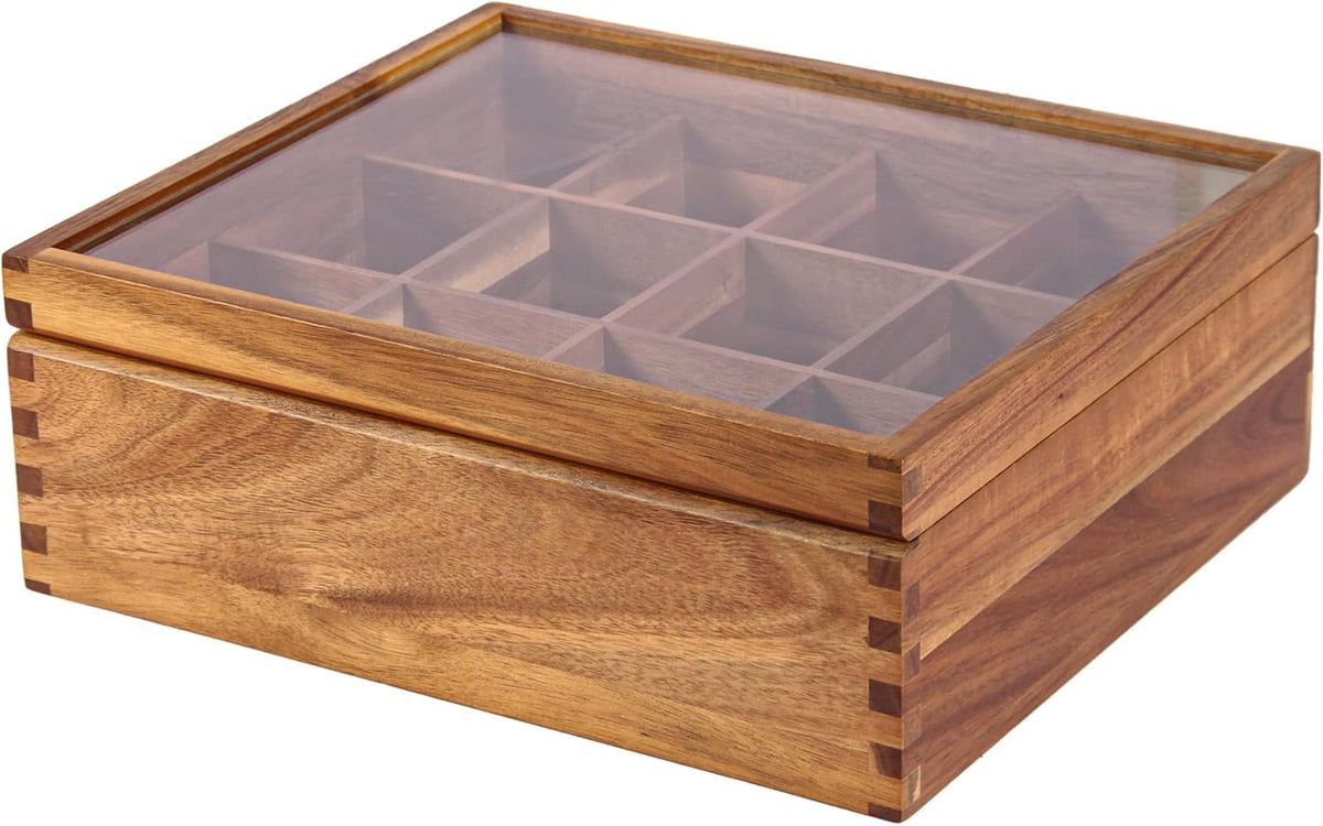 Norevo acacia wood tea organizer box with 12 compartments