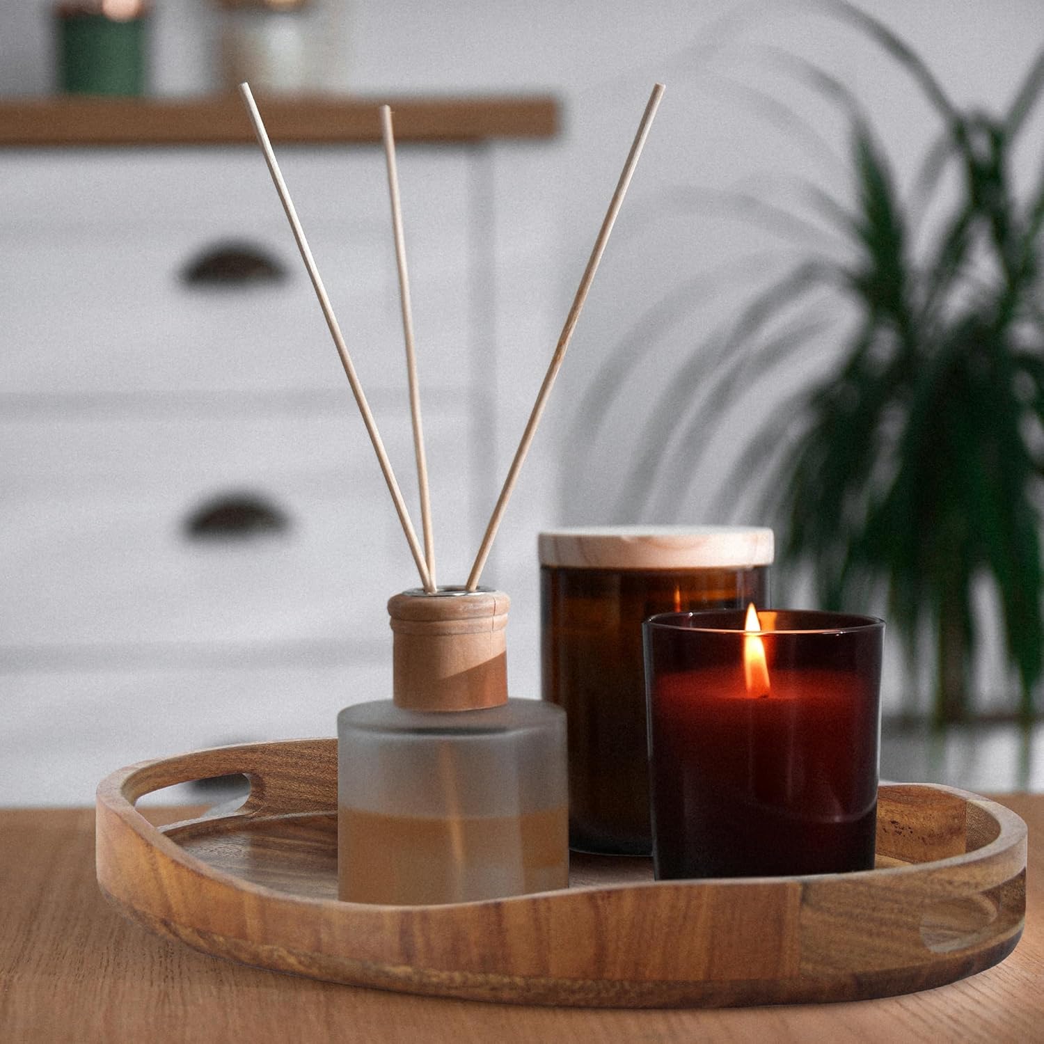 Norevo round acacia wood serving tray with handles