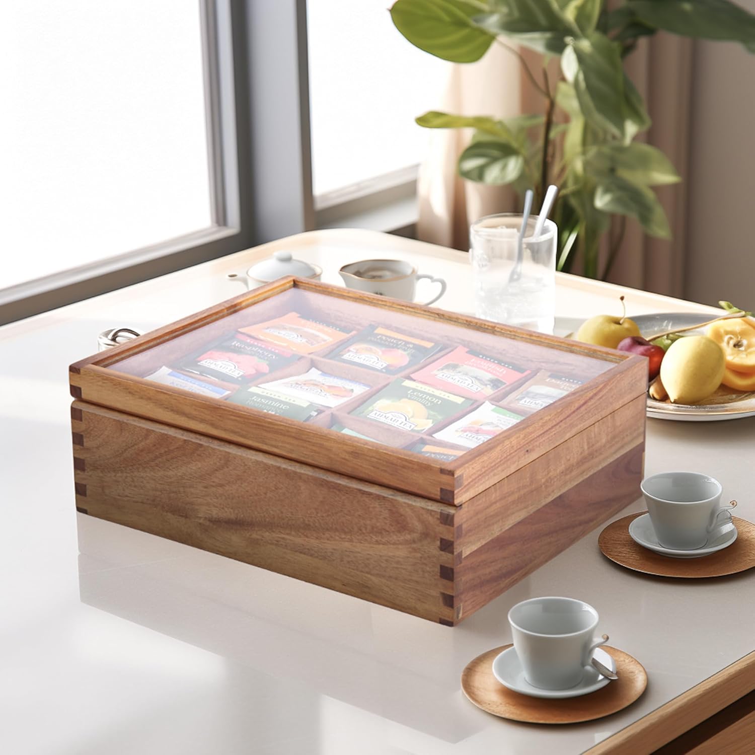 Wooden tea storage chest with clear top window